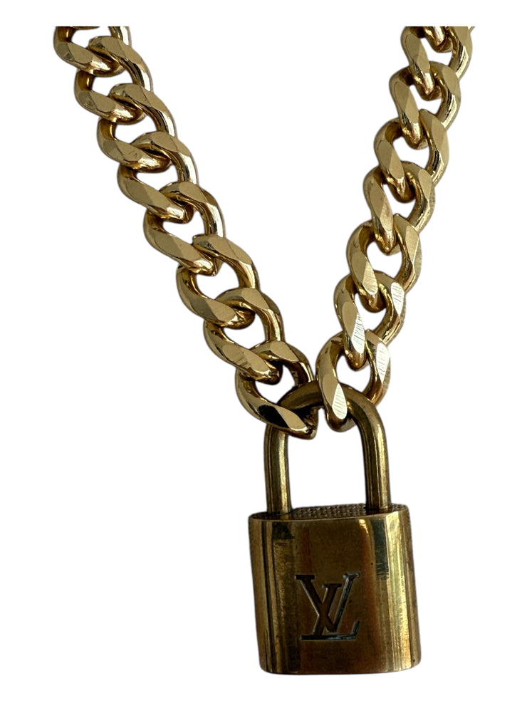 Vintage Cuban Curb Chain Necklace W/ Authentic Louis Vuitton Lock & Key