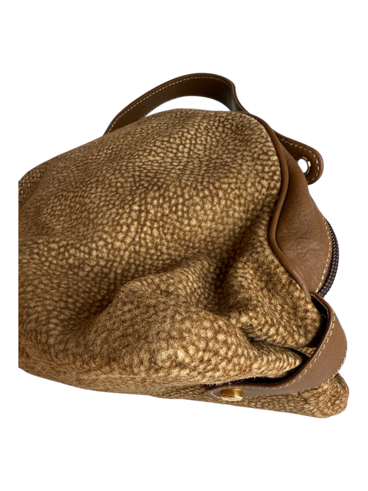 Brown Leather Trip Handbag Wood Top Handle