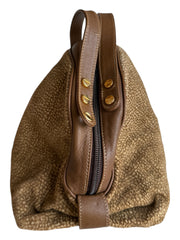 Brown Leather Trip Handbag Wood Top Handle