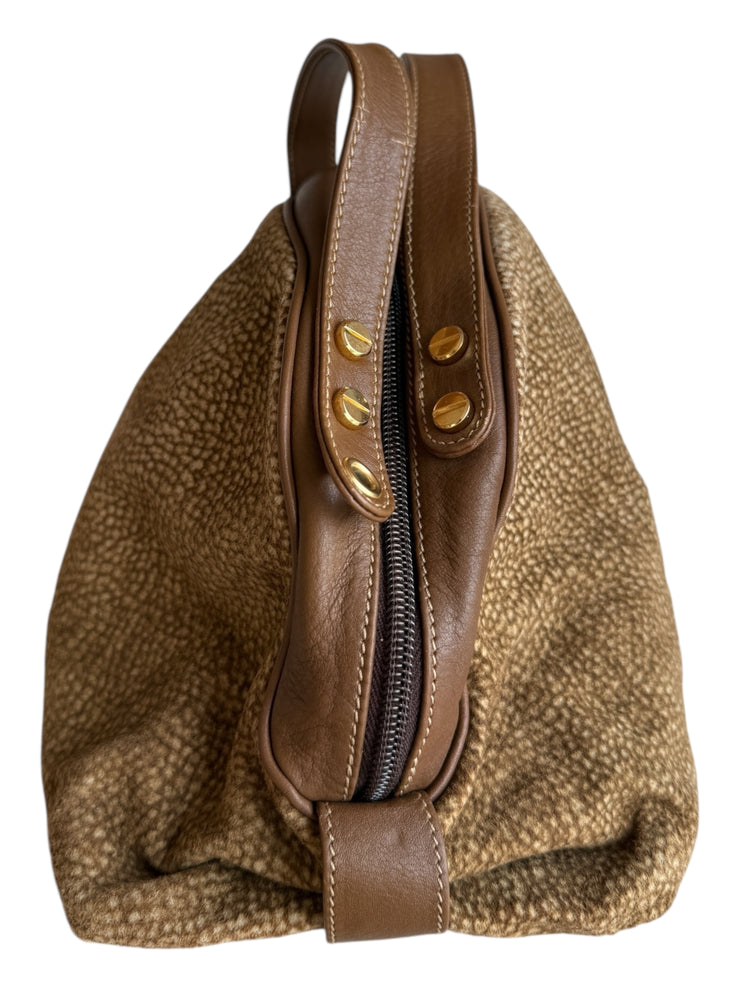 Brown Leather Trip Handbag Wood Top Handle