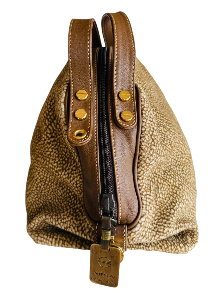 Brown Leather Trip Handbag Wood Top Handle