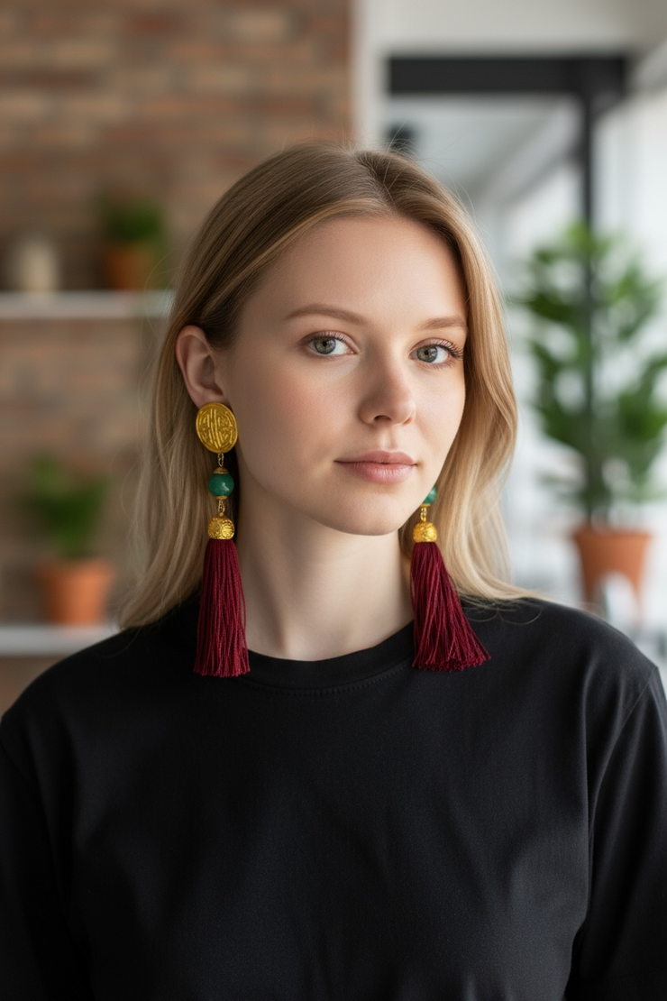 Long Gold Medallion Tassel Earrings