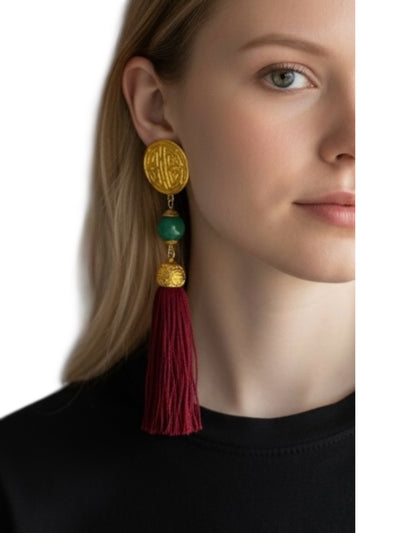 Long Gold Medallion Tassel Earrings