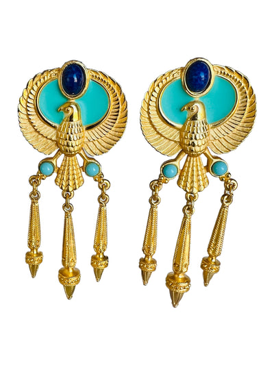 Egyptian Revival Gold Cabochon Phoenix Earrings