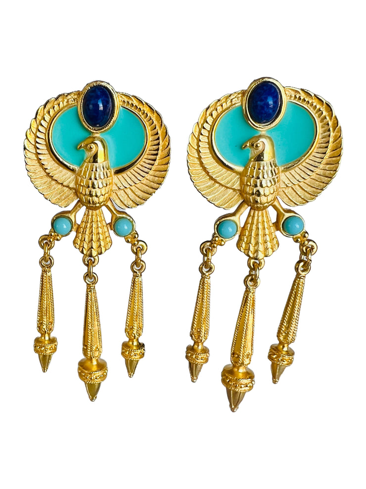 Egyptian Revival Gold Cabochon Phoenix Earrings