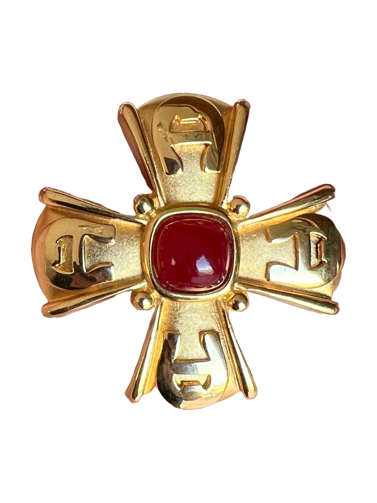 Red Sugarloaf Cabochon Gold Maltese Cross Brooch