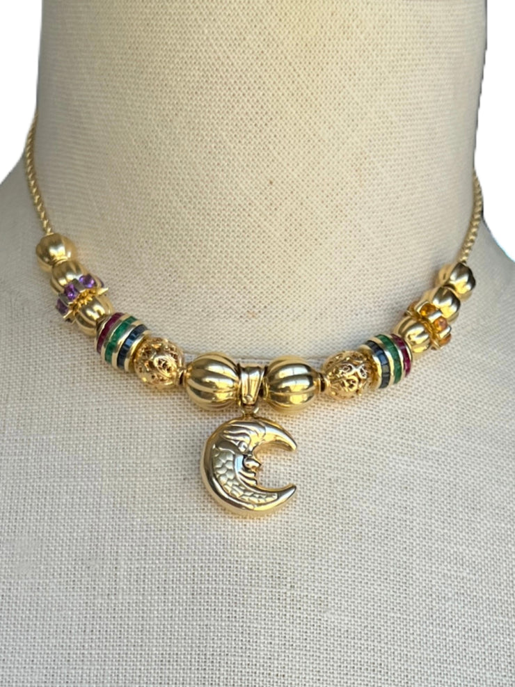 14k & 18k Moon Gemstone Charm Necklace
