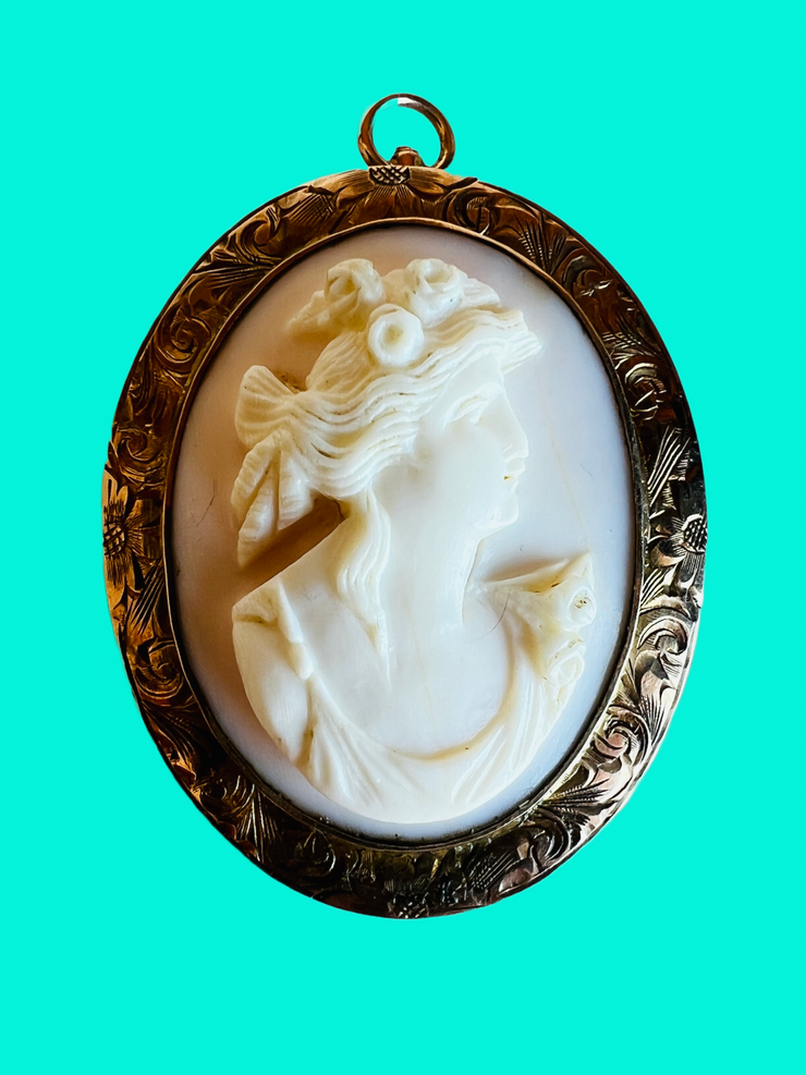 Victorian 10k Rose Gold Cameo Shell Portrait Pendant Brooch
