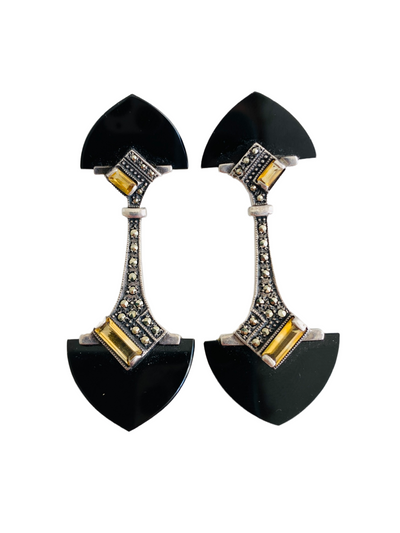 Onyx, Citrine, Silver Earrings