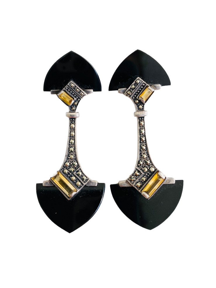 Onyx, Citrine, Silver Earrings