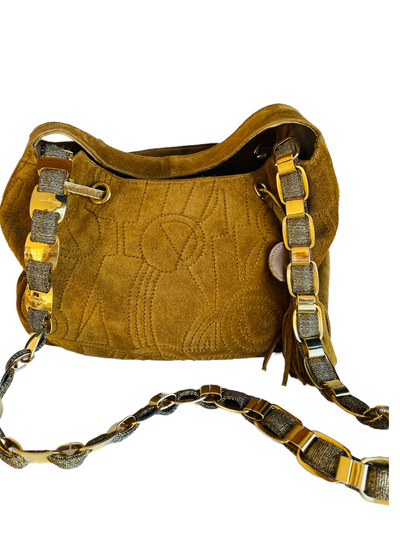 Ferragamo Golden Brown Suede Leather Handbag