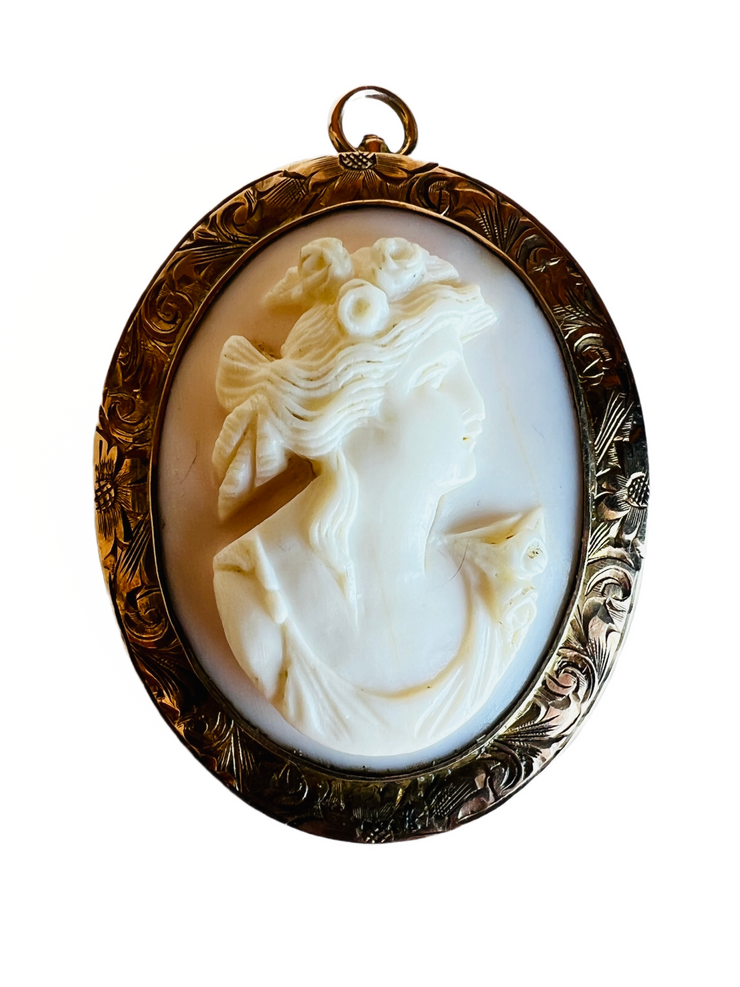 Victorian 10k Rose Gold Cameo Shell Portrait Pendant Brooch