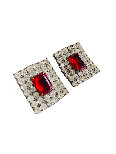 Red Rhinestones Clip Earrings