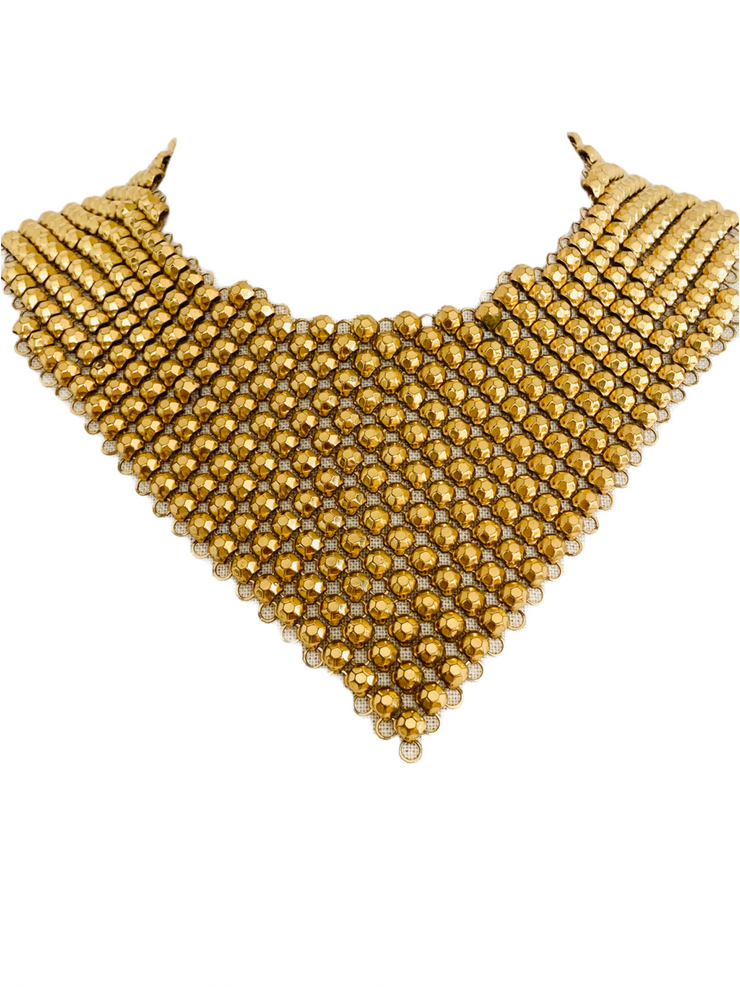 Gold Mesh Beaded Bib Choker Necklace & Bracelet Set