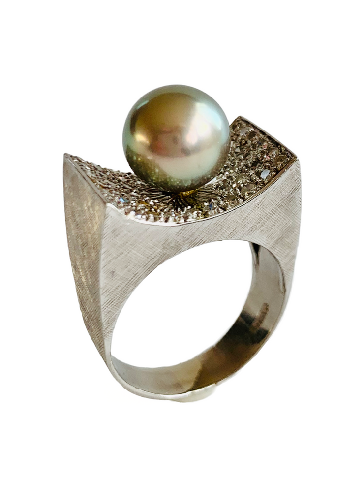 Platinum Pave Single Cut Diamond & Tahitian Pearl Cocktail Ring