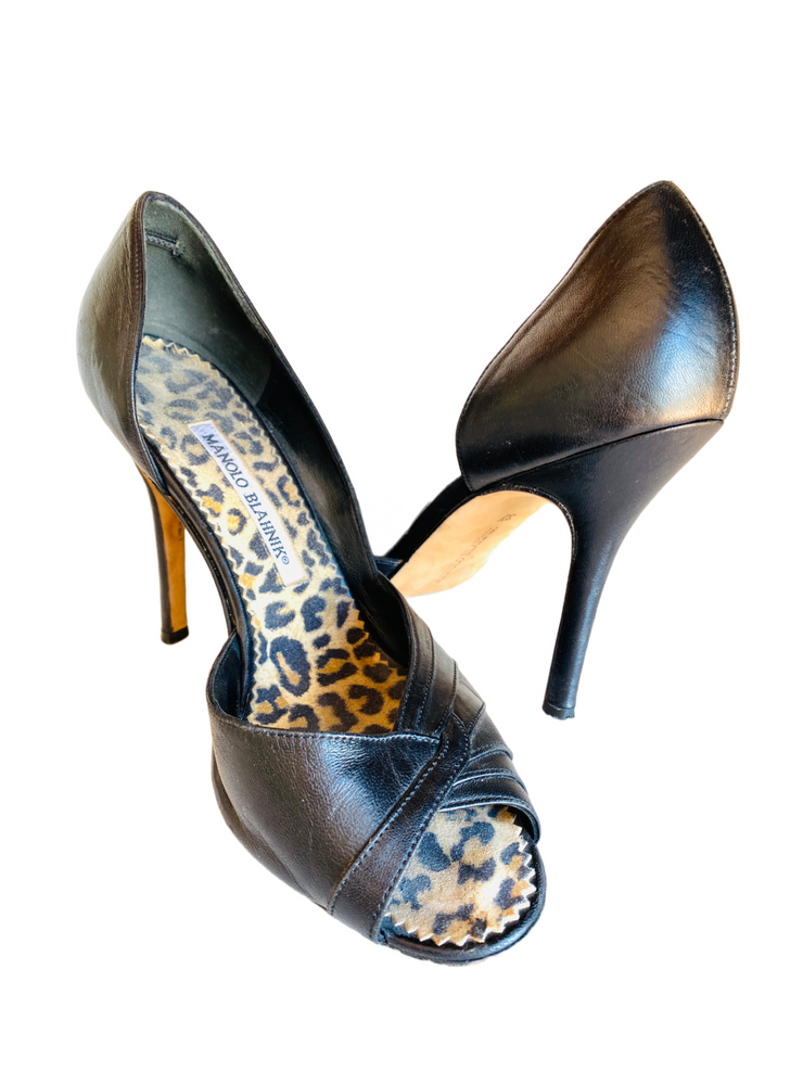 Black Leather Leopard Open Toe Heels Sz 37