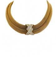 Gold Mesh Choker Rhinestone Necklace
