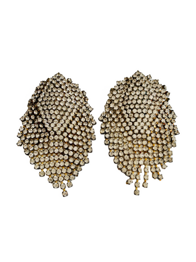 Long Rhinestone Tassel Clip Earrings