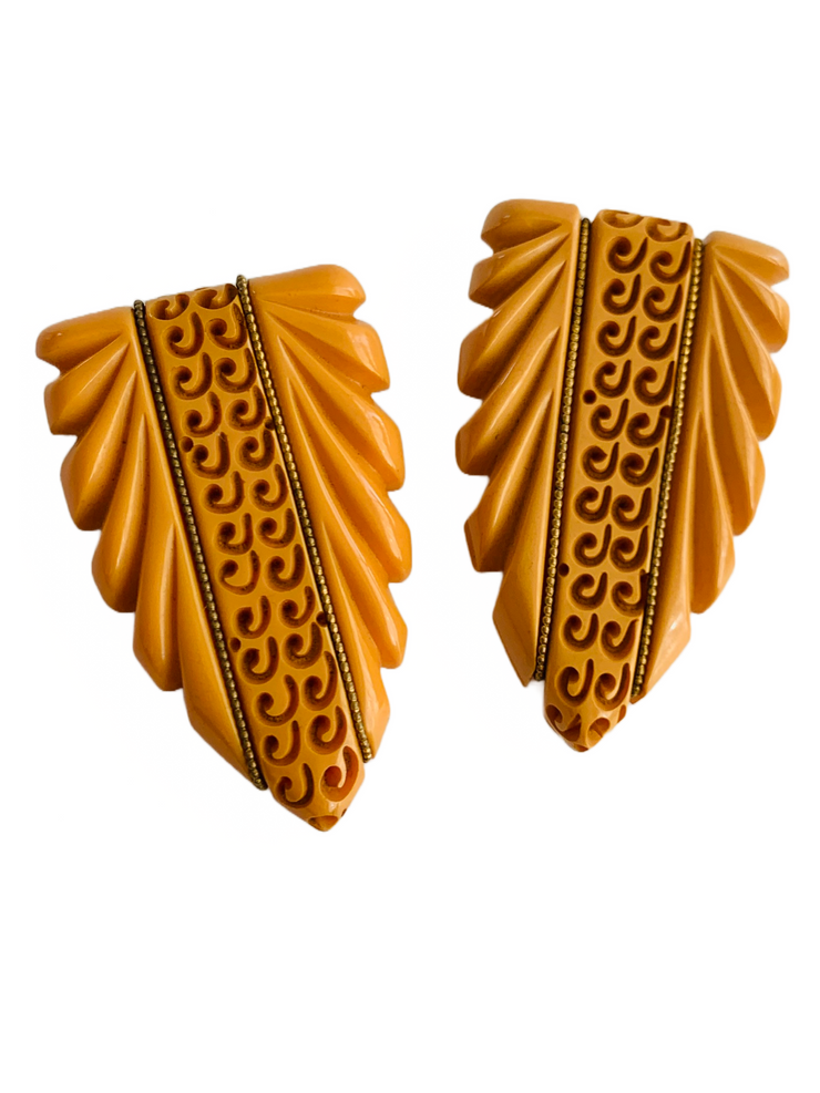 Pair of Deep Carved Butterscotch Vintage Deco Dress Clips