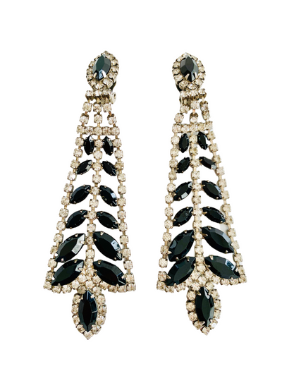 Long Black Navette Rhinestone Clip Earrings