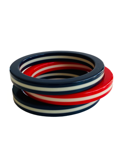 3 French Red White Blue Striped Bangle Bracelets