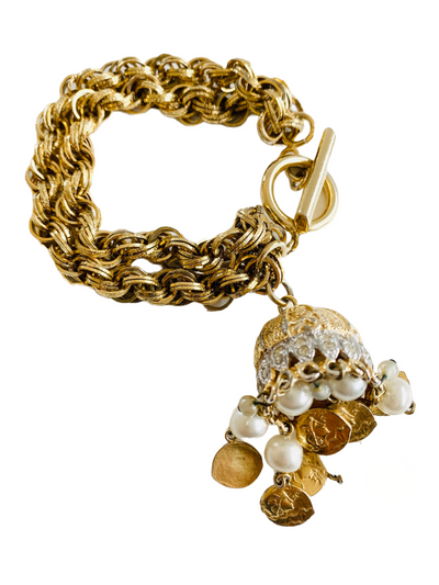 Double Chain Coin Charm Tassel Toggle Bracelet