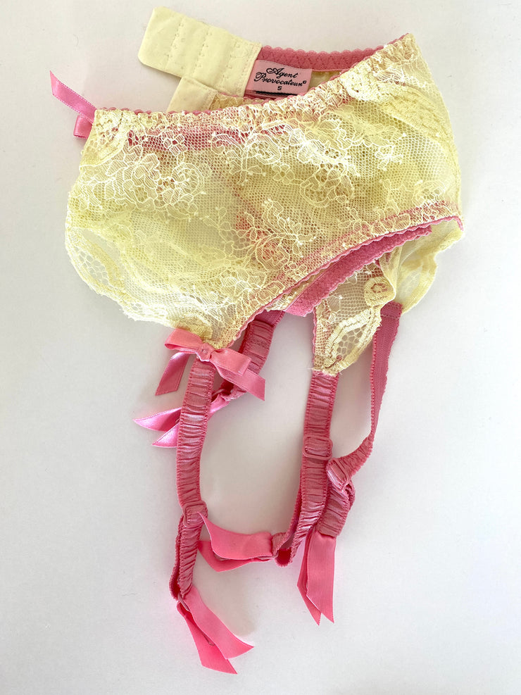 Agent Provocateur Light Yellow Pink Lace Suspenders Sz Sm