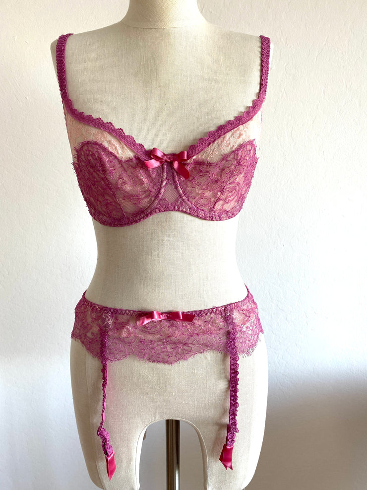 2 Pc Agent Provocateur Pink Lace Bra Set 34D Bra Sz Sm Suspenders