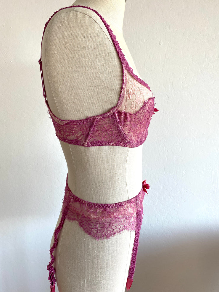 2 Pc Agent Provocateur Pink Lace Bra Set 34D Bra Sz Sm Suspenders