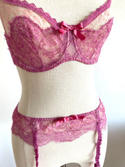 2 Pc Agent Provocateur Pink Lace Bra Set 34D Bra Sz Sm Suspenders