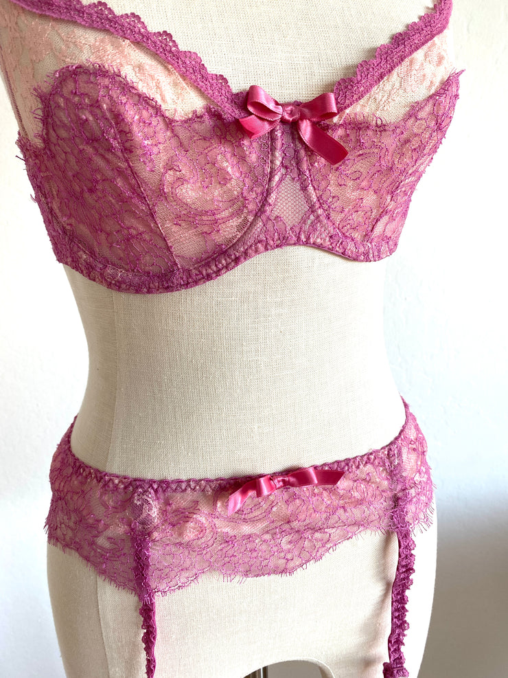 2 Pc Agent Provocateur Pink Lace Bra Set 34D Bra Sz Sm Suspenders