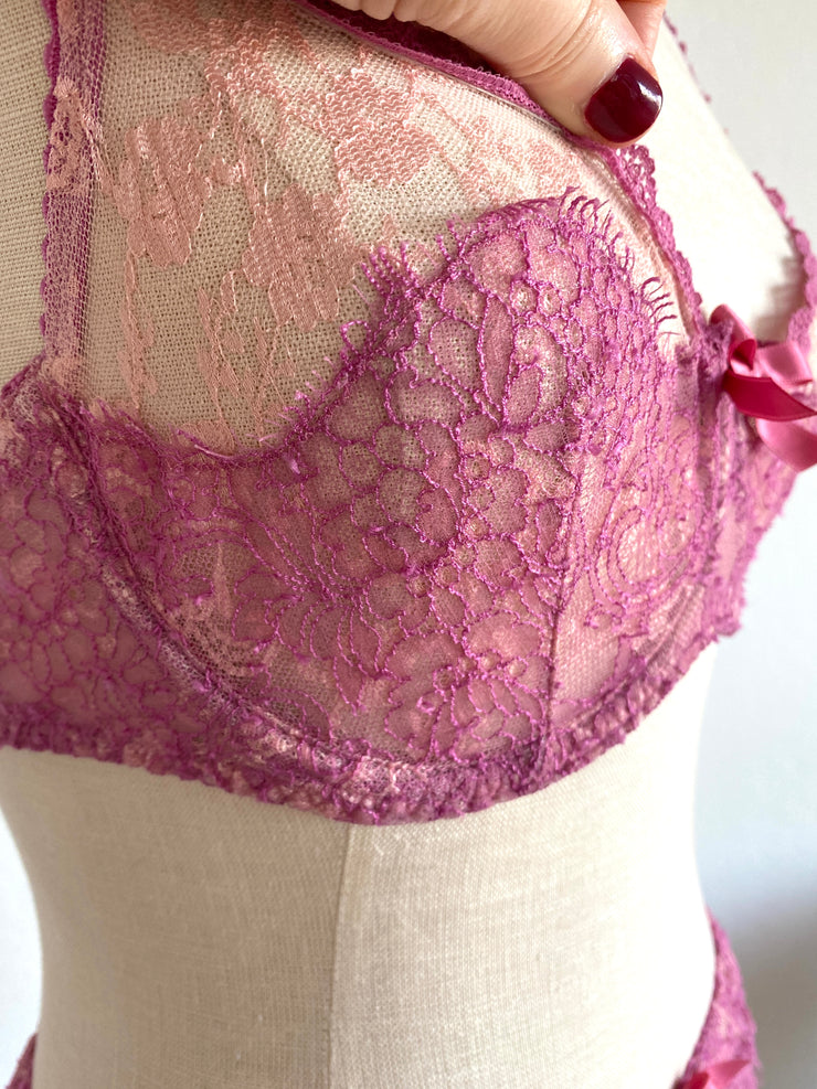 2 Pc Agent Provocateur Pink Lace Bra Set 34D Bra Sz Sm Suspenders