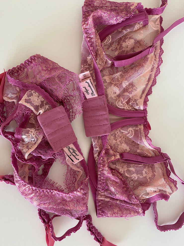2 Pc Agent Provocateur Pink Lace Bra Set 34D Bra Sz Sm Suspenders