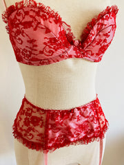Myla Red & Pink Lace Set 34D Bra Sm Suspenders