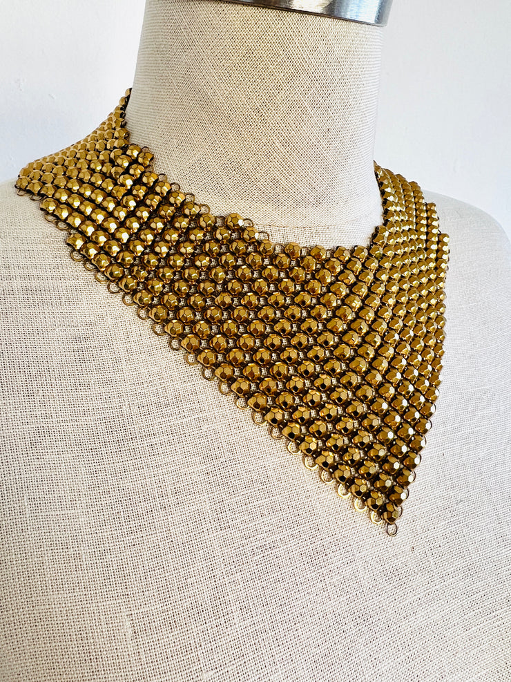 Gold Mesh Beaded Bib Choker Necklace & Bracelet Set