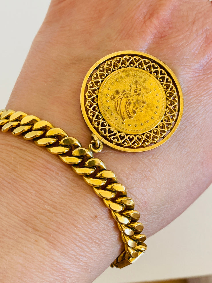 Vintage Gold Cuban Chain Coin Charm Bracelet