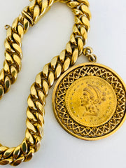 Vintage Gold Cuban Chain Coin Charm Bracelet