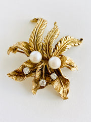 1963 Diamond Cultured Pearl 14k Flower Brooch