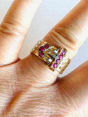 1940's Gold Platinum Mesh Ruby Diamond Buckle Ring