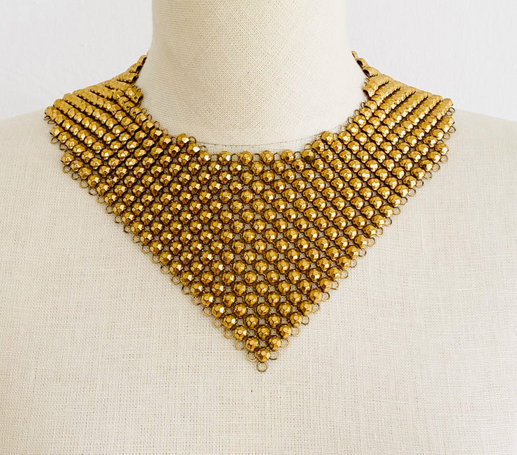 Gold Mesh Beaded Bib Choker Necklace & Bracelet Set