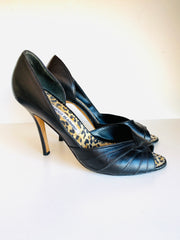 Black Leather Leopard Open Toe Heels Sz 37