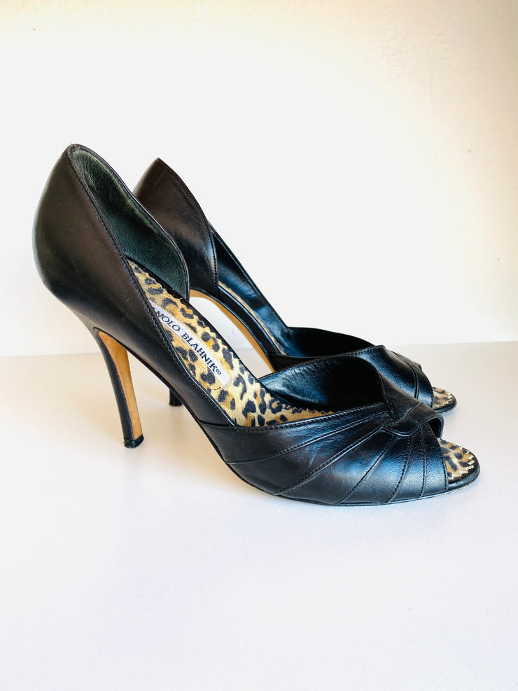 Black Leather Leopard Open Toe Heels Sz 37