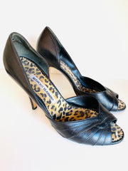 Black Leather Leopard Open Toe Heels Sz 37