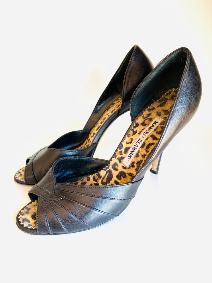 Black Leather Leopard Open Toe Heels Sz 37