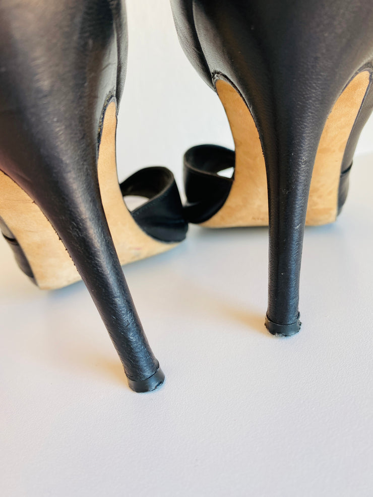 Black Leather Leopard Open Toe Heels Sz 37