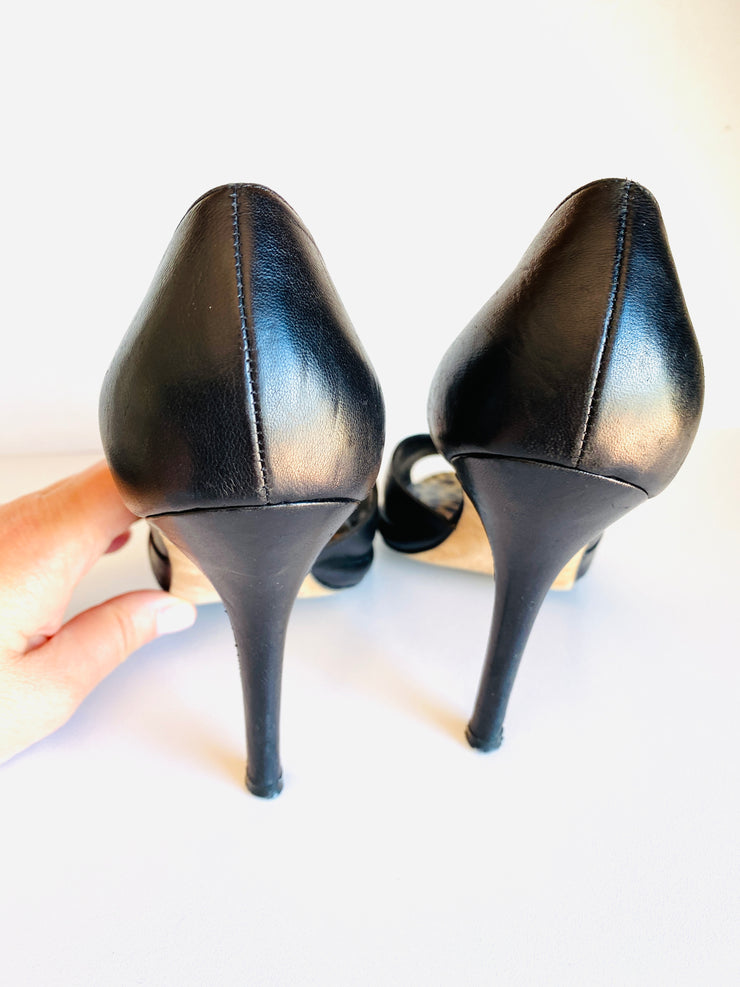 Black Leather Leopard Open Toe Heels Sz 37