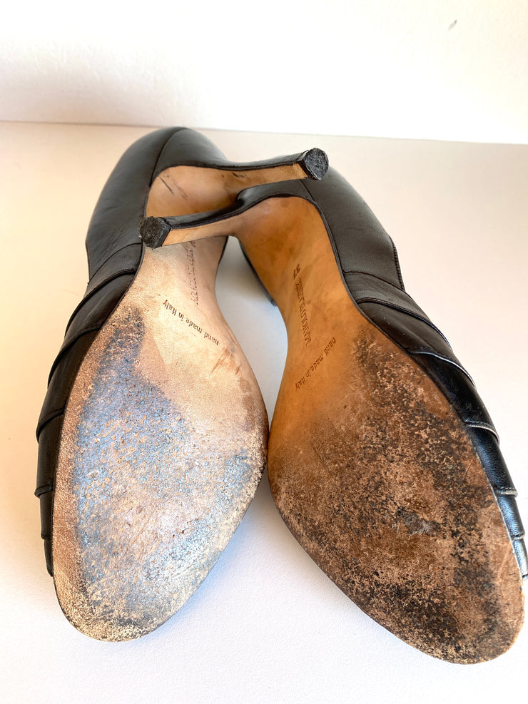 Black Leather Leopard Open Toe Heels Sz 37