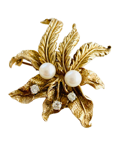 1963 Diamond Cultured Pearl 14k Flower Brooch