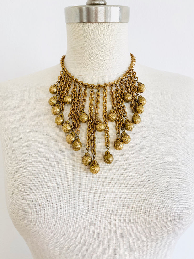 1960's Heavy Russian Gold Chain Tassel Bib Necklace