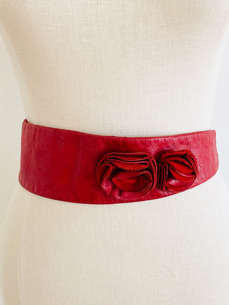 French Red Leather Flower Belt